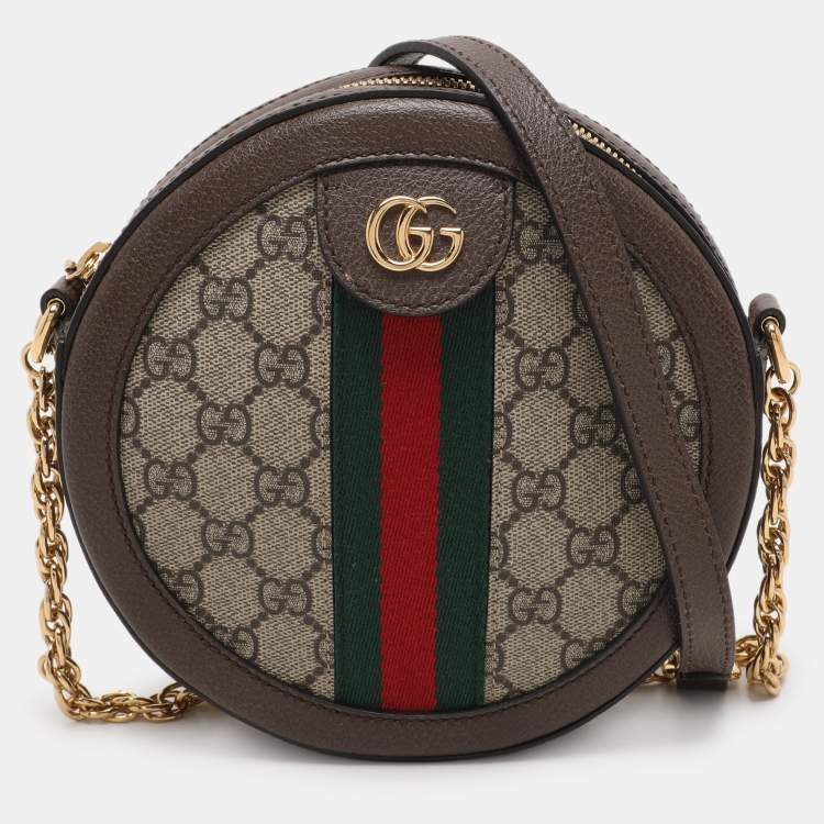 Pre Owned Gucci Brown/Beige GG Supreme Canvas and Leather Mini Ophidia Round Bag