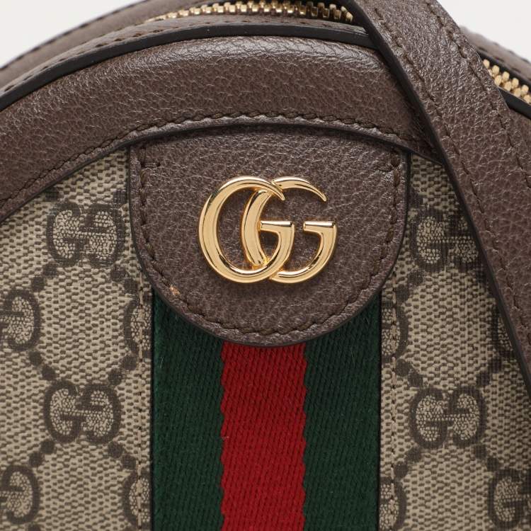 Pre Owned Gucci Brown/Beige GG Supreme Canvas and Leather Mini Ophidia Round Bag