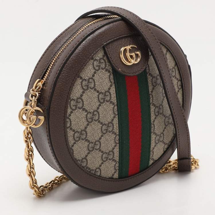 Pre Owned Gucci Brown/Beige GG Supreme Canvas and Leather Mini Ophidia Round Bag