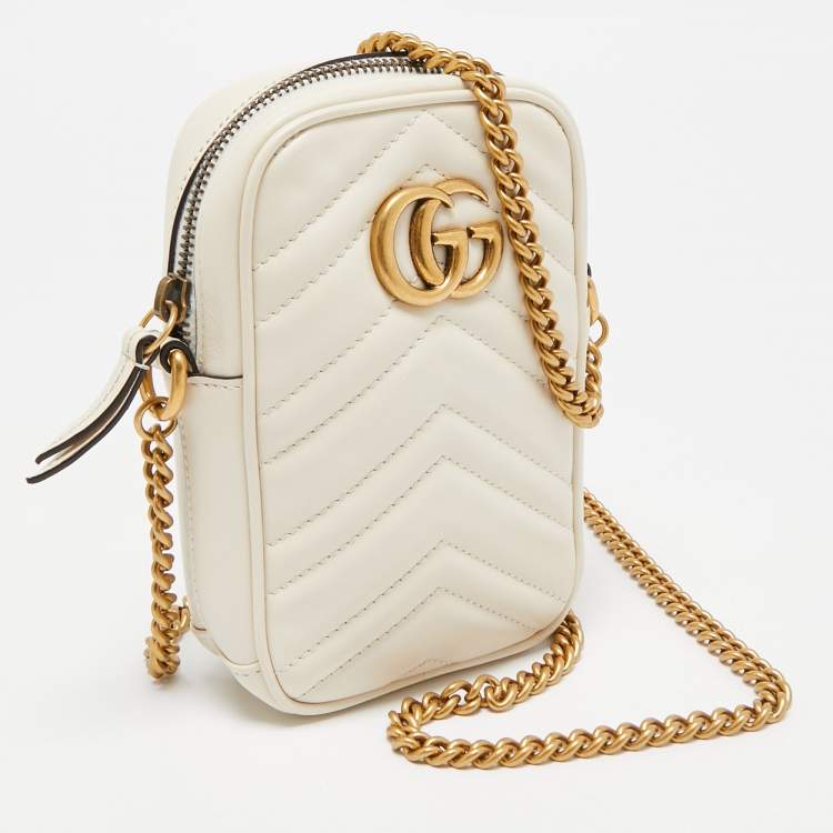 Pre Owned Gucci Off White Matelassé Leather Mini GG Marmont Shoulder Bag