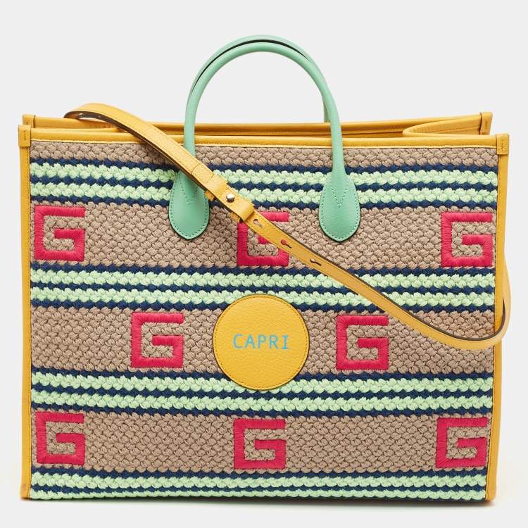 Pre Owned Gucci Multicolor Square G Embroidered Fabric Capri Striped Tote