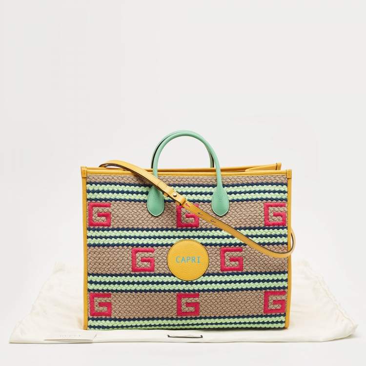 Pre Owned Gucci Multicolor Square G Embroidered Fabric Capri Striped Tote