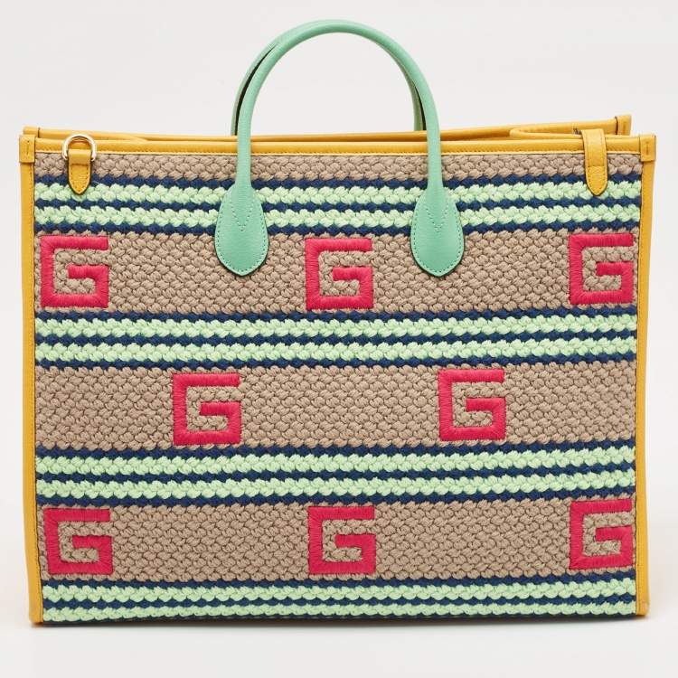 Pre Owned Gucci Multicolor Square G Embroidered Fabric Capri Striped Tote