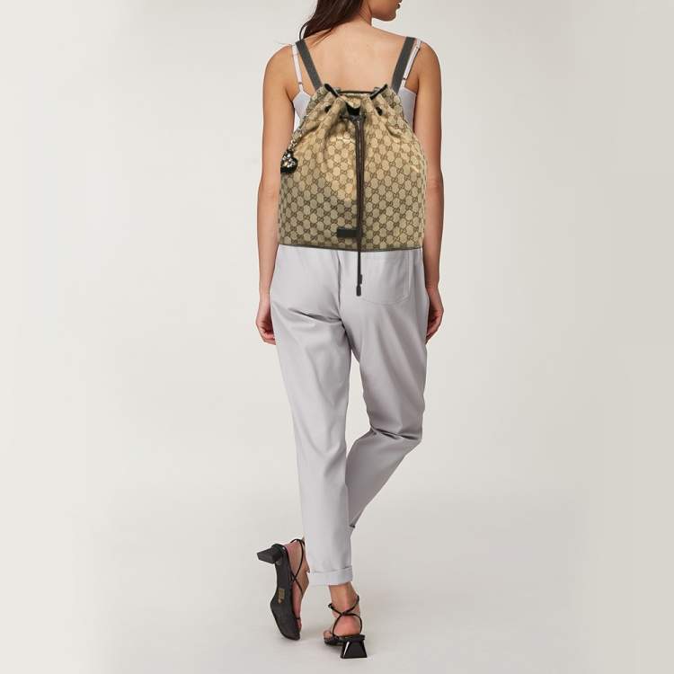 Pre Owned Gucci Beige/Brown GG Canvas and Leather Drawstring Backpacks