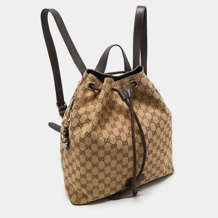 Pre Owned Gucci Beige/Brown GG Canvas and Leather Drawstring Backpacks