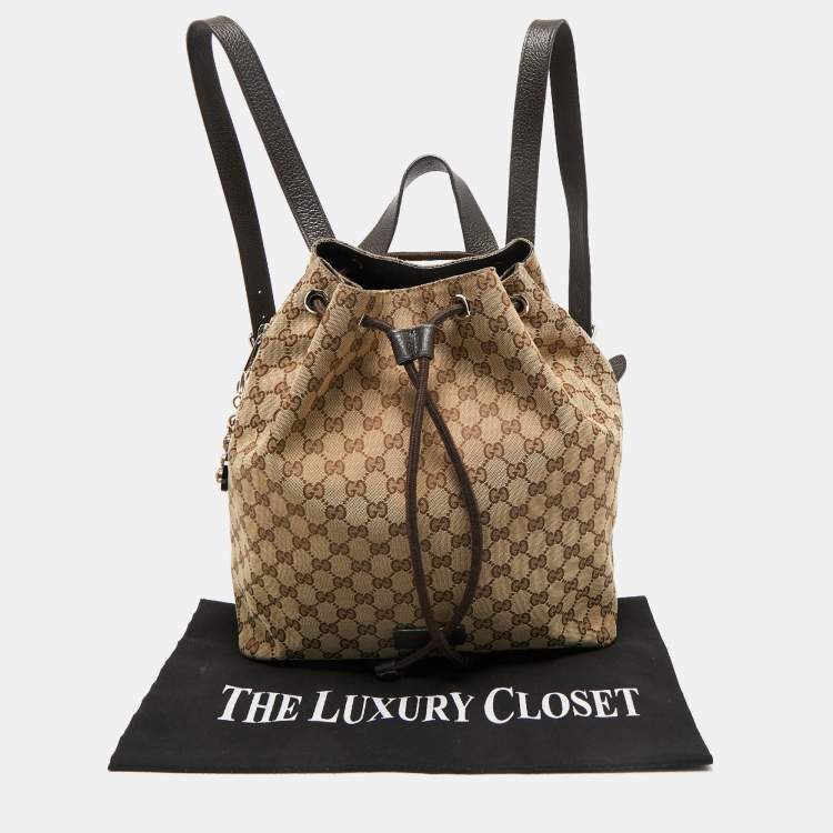 Pre Owned Gucci Beige/Brown GG Canvas and Leather Drawstring Backpacks
