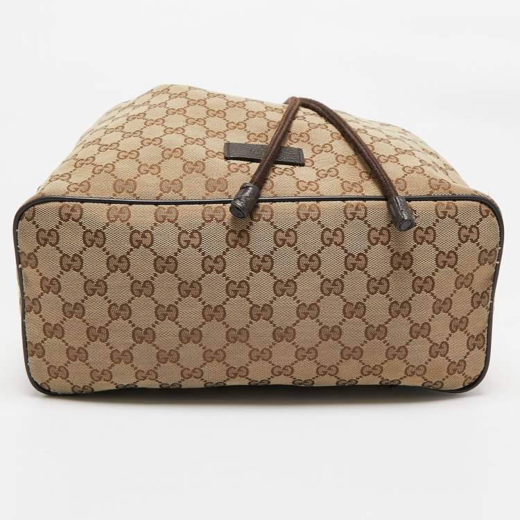 Pre Owned Gucci Beige/Brown GG Canvas and Leather Drawstring Backpacks