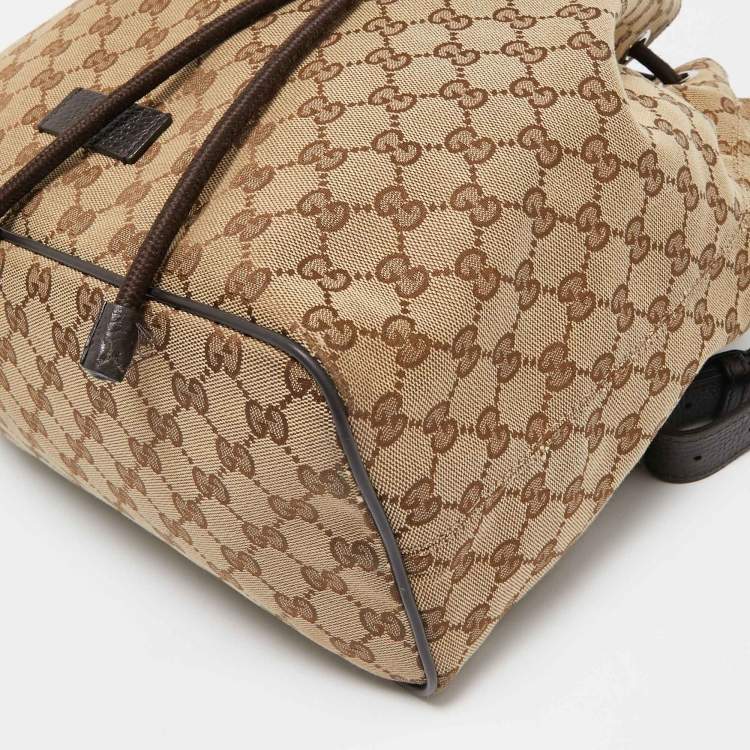 Pre Owned Gucci Beige/Brown GG Canvas and Leather Drawstring Backpacks