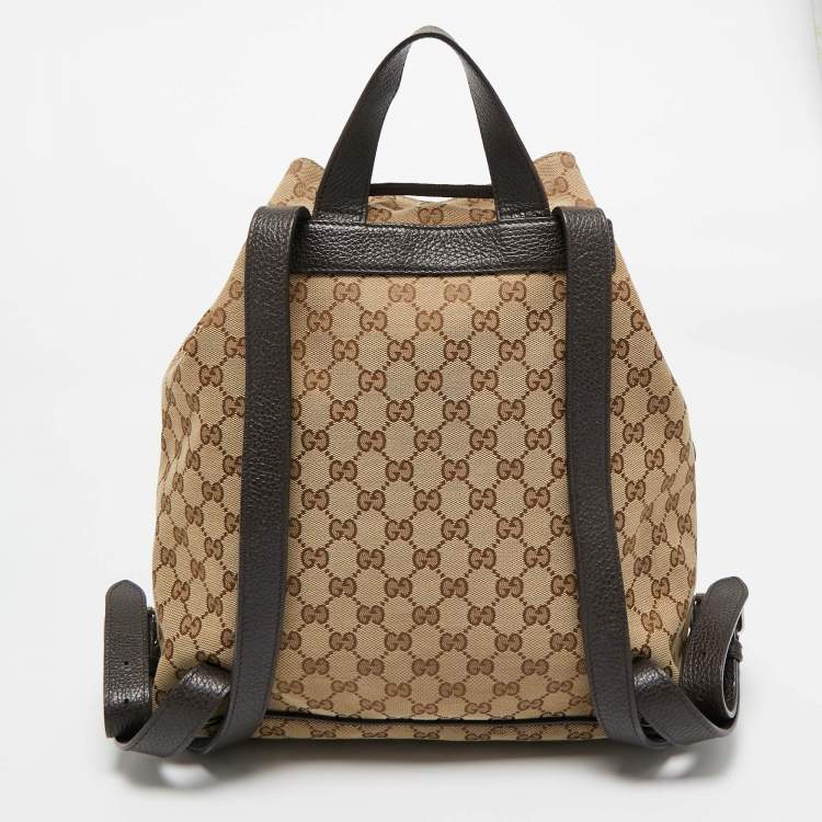 Pre Owned Gucci Beige/Brown GG Canvas and Leather Drawstring Backpacks