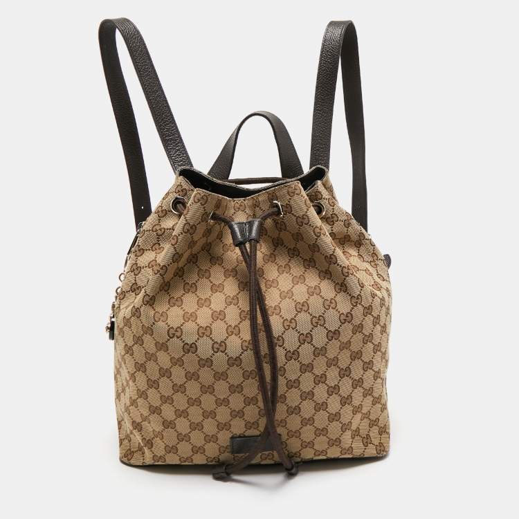 Pre Owned Gucci Beige/Brown GG Canvas and Leather Drawstring Backpacks