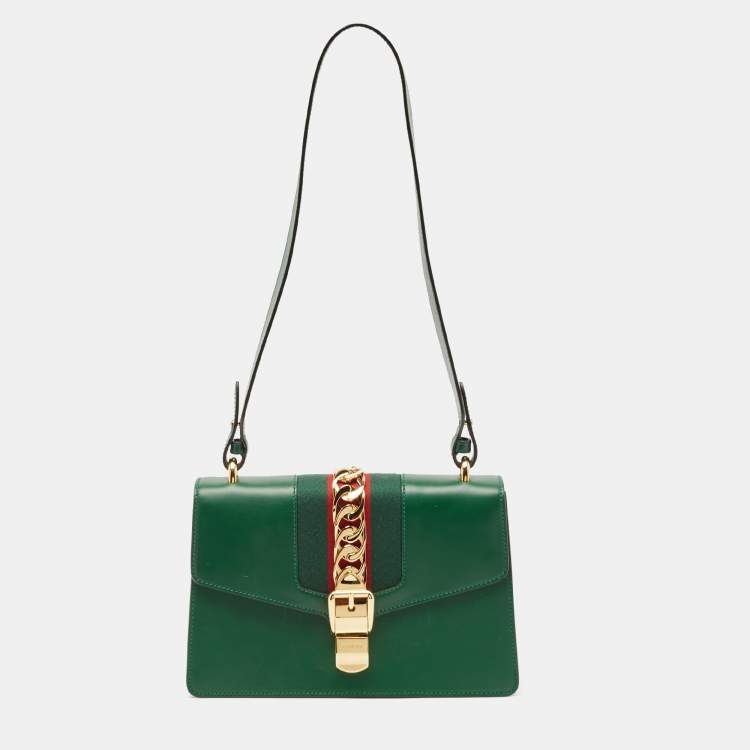 Pre Owned Gucci Green Leather Small Web Chain Sylvie Shoulder Bag