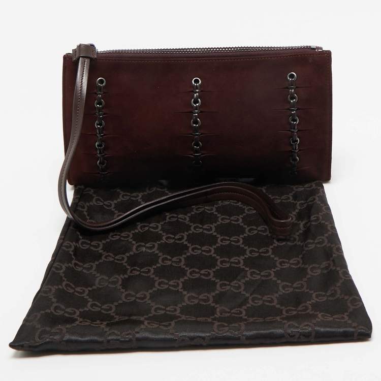 Pre Owned Gucci Burgundy Suede Eyelet Wristlet Clutch