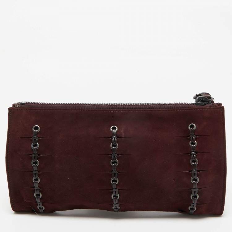 Pre Owned Gucci Burgundy Suede Eyelet Wristlet Clutch