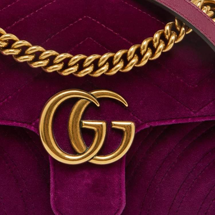 Pre Owned Gucci Purple Matelassé Velvet Mini GG Marmont Shoulder Bag