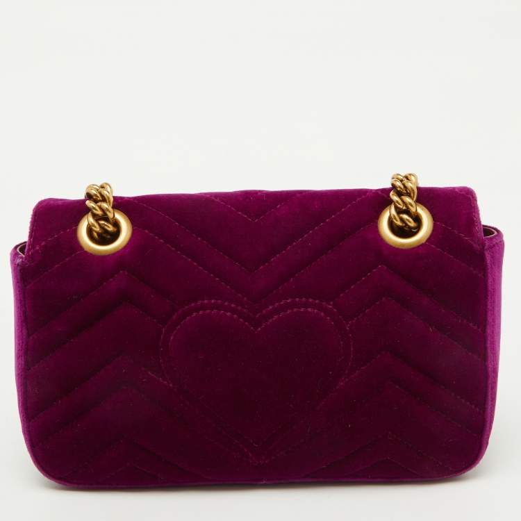 Pre Owned Gucci Purple Matelassé Velvet Mini GG Marmont Shoulder Bag