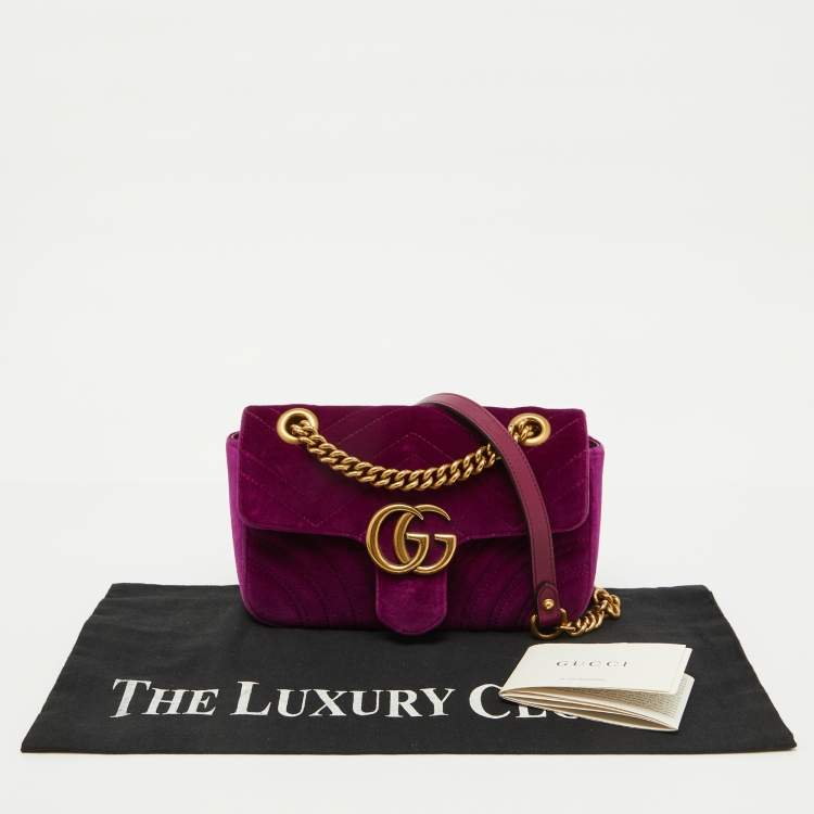Pre Owned Gucci Purple Matelassé Velvet Mini GG Marmont Shoulder Bag