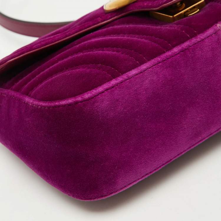 Pre Owned Gucci Purple Matelassé Velvet Mini GG Marmont Shoulder Bag