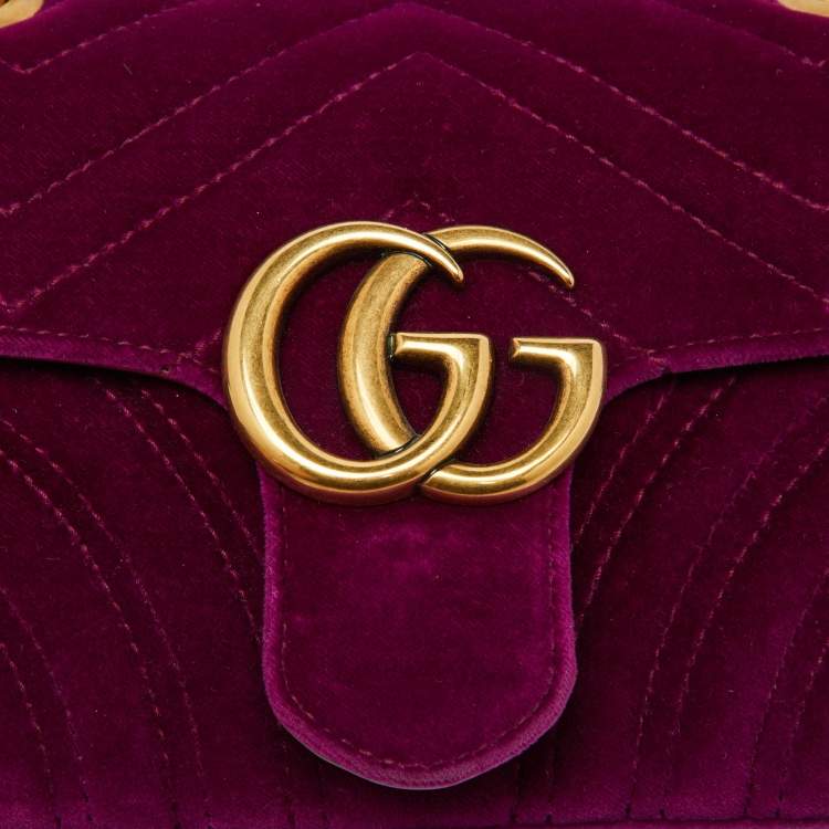 Pre Owned Gucci Purple Matelassé Velvet Mini GG Marmont Shoulder Bag