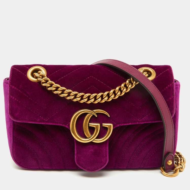 Pre Owned Gucci Purple Matelassé Velvet Mini GG Marmont Shoulder Bag