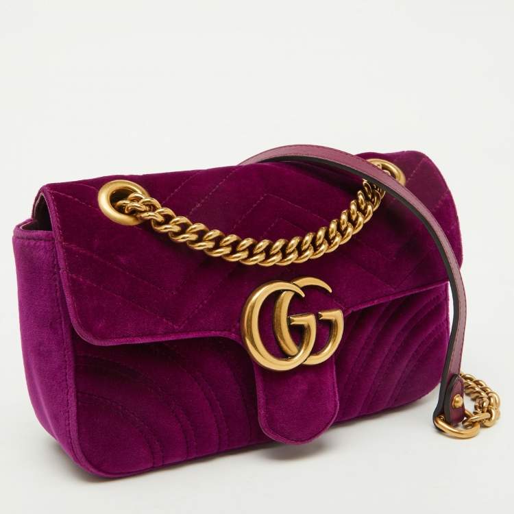 Pre Owned Gucci Purple Matelassé Velvet Mini GG Marmont Shoulder Bag