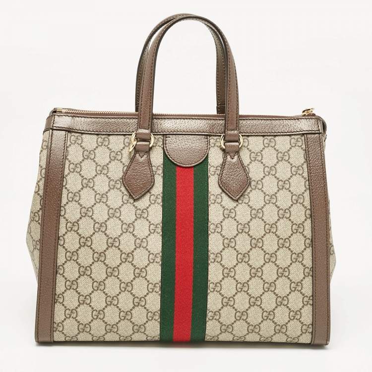 Pre Owned Gucci Beige/Ebony GG Supreme Canvas and Leather Medium Ophidia Tote