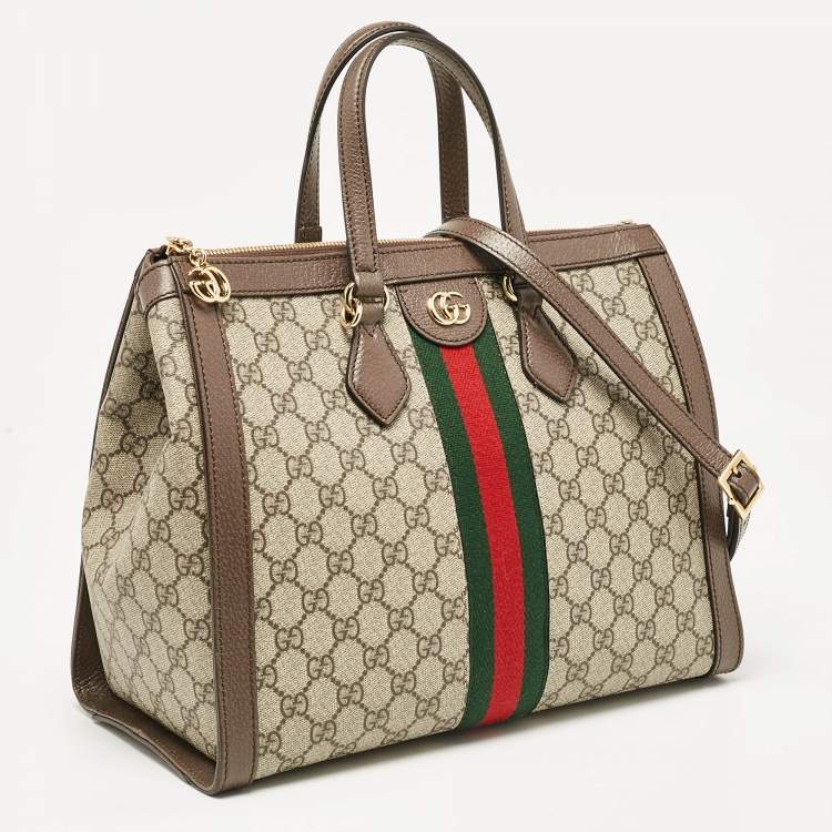 Pre Owned Gucci Beige/Ebony GG Supreme Canvas and Leather Medium Ophidia Tote