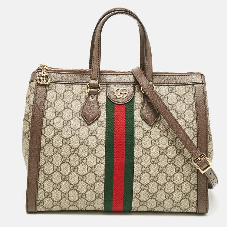 Pre Owned Gucci Beige/Ebony GG Supreme Canvas and Leather Medium Ophidia Tote