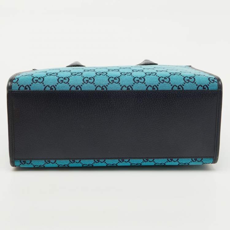 Pre Owned Gucci Blue/Navy Blue GG Canvas and Leather Small Structured Tote