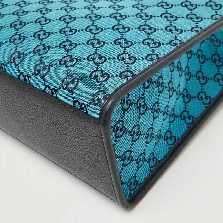 Pre Owned Gucci Blue/Navy Blue GG Canvas and Leather Small Structured Tote