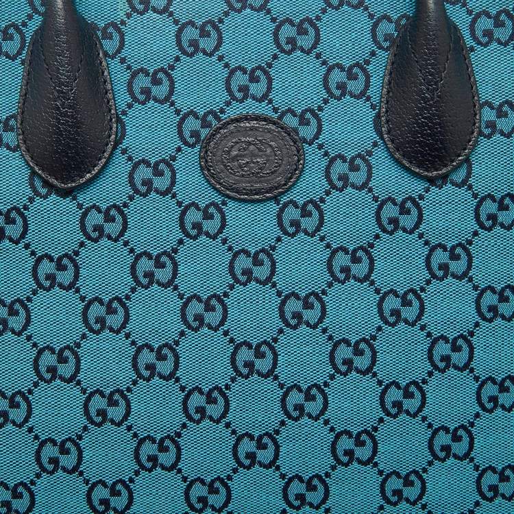 Pre Owned Gucci Blue/Navy Blue GG Canvas and Leather Small Structured Tote