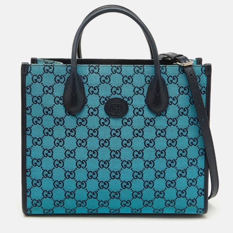 Pre Owned Gucci Blue/Navy Blue GG Canvas and Leather Small Structured Tote
