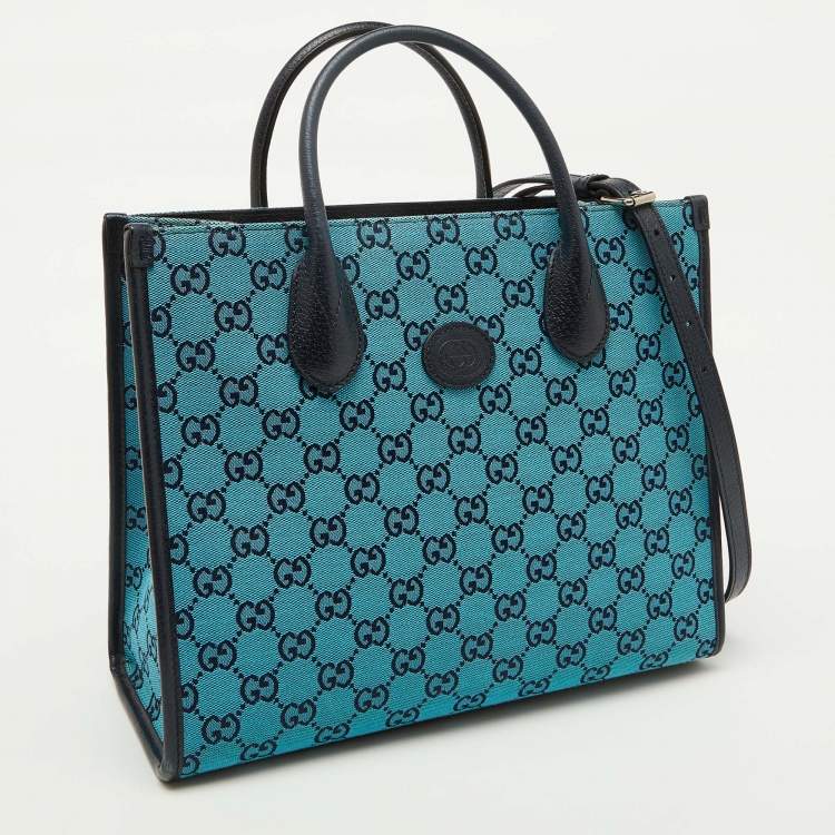 Pre Owned Gucci Blue/Navy Blue GG Canvas and Leather Small Structured Tote