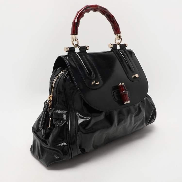 Pre Owned Gucci Black Coated Nylon and Leather Dialux Pop Bamboo Top Handle Bag