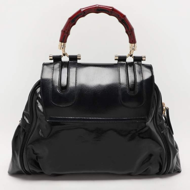 Pre Owned Gucci Black Coated Nylon and Leather Dialux Pop Bamboo Top Handle Bag