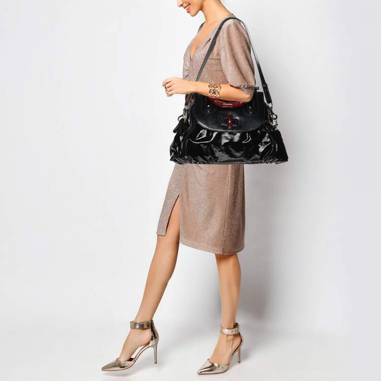 Pre Owned Gucci Black Coated Nylon and Leather Dialux Pop Bamboo Top Handle Bag