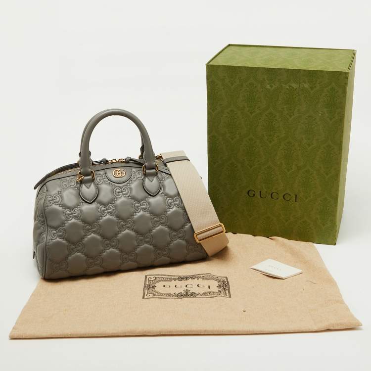 Pre Owned Gucci Grey Leather GG Matelassé Medium Bowler Bag