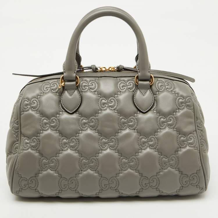 Pre Owned Gucci Grey Leather GG Matelassé Medium Bowler Bag