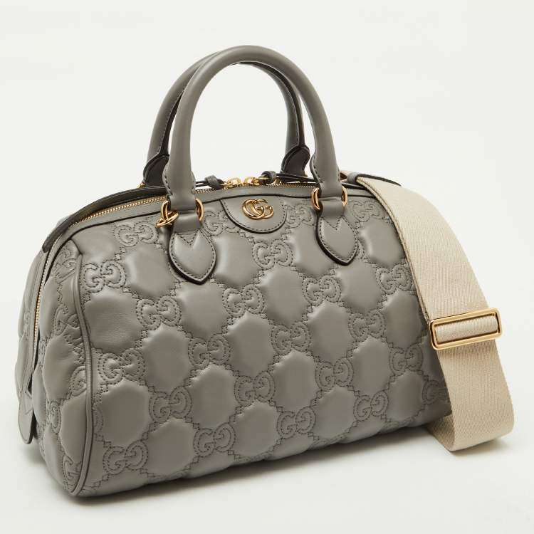 Pre Owned Gucci Grey Leather GG Matelassé Medium Bowler Bag