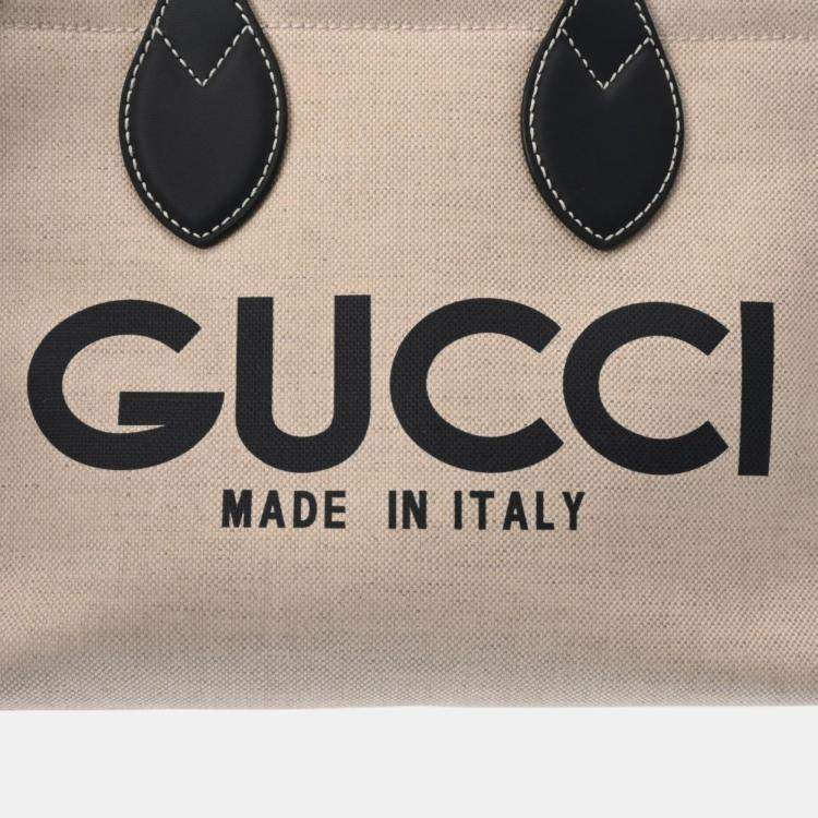 Pre Owned Gucci Beige Navy Canvas Leather Print Tote Bag
