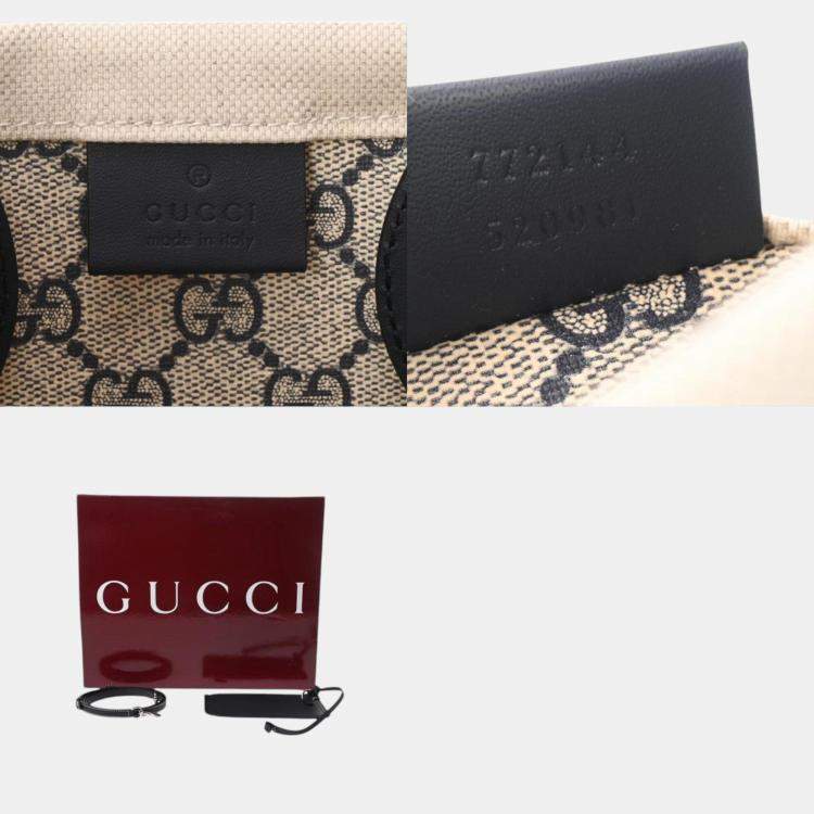 Pre Owned Gucci Beige Navy Canvas Leather Print Tote Bag