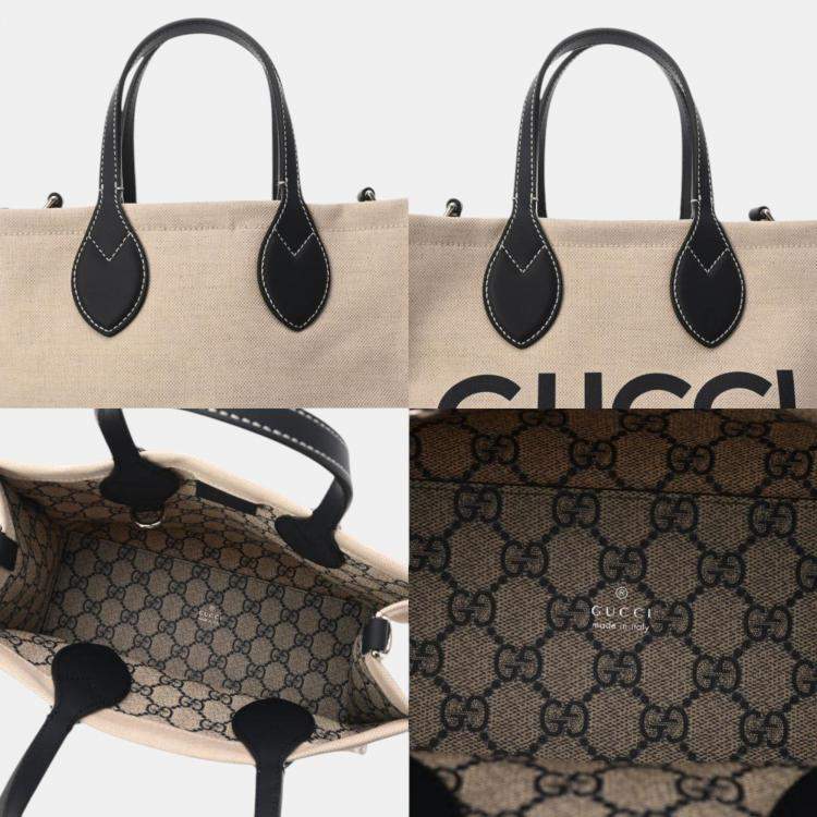 Pre Owned Gucci Beige Navy Canvas Leather Print Tote Bag