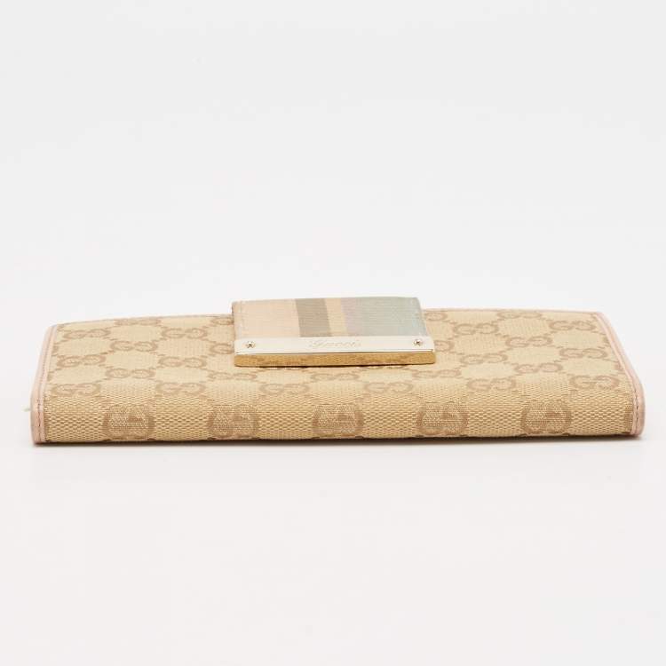 Pre Owned Gucci Beige/Pink GG Canvas and Leather Web Flap Continental Wallet