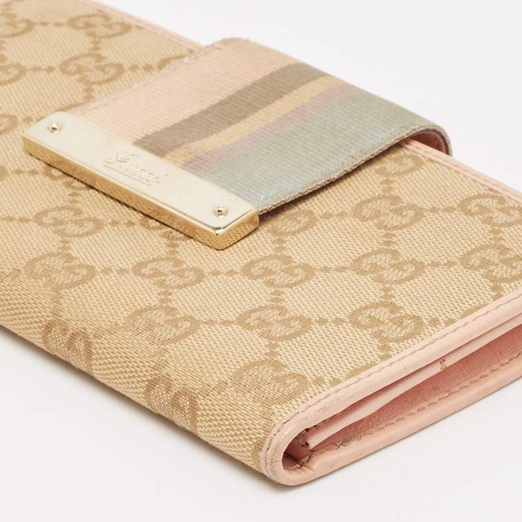 Pre Owned Gucci Beige/Pink GG Canvas and Leather Web Flap Continental Wallet