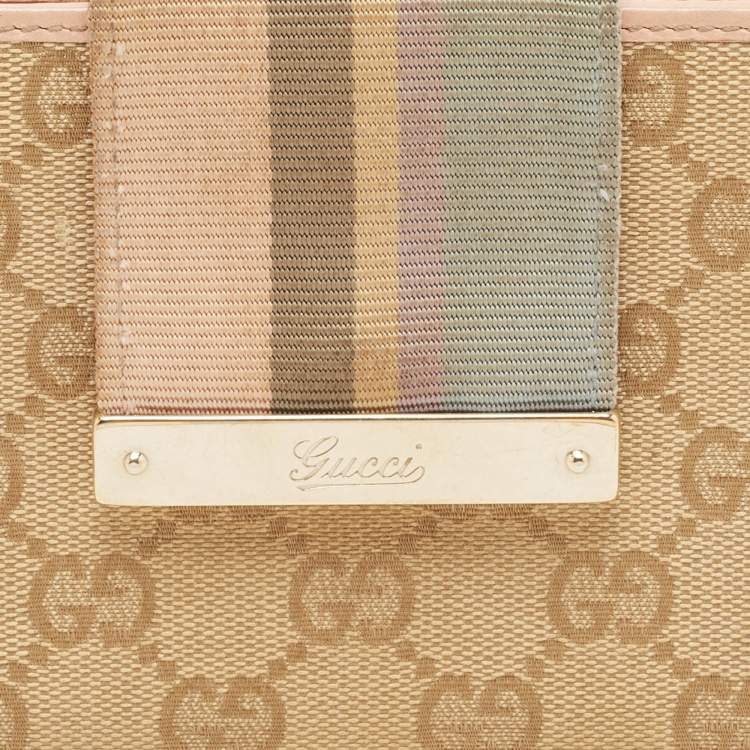 Pre Owned Gucci Beige/Pink GG Canvas and Leather Web Flap Continental Wallet