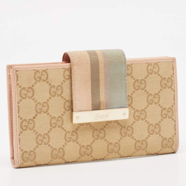 Pre Owned Gucci Beige/Pink GG Canvas and Leather Web Flap Continental Wallet