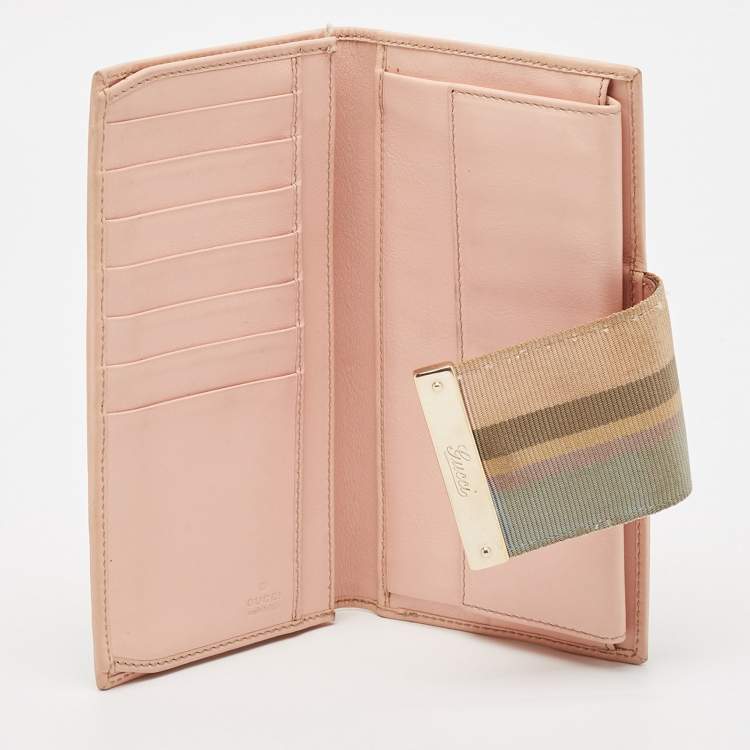 Pre Owned Gucci Beige/Pink GG Canvas and Leather Web Flap Continental Wallet