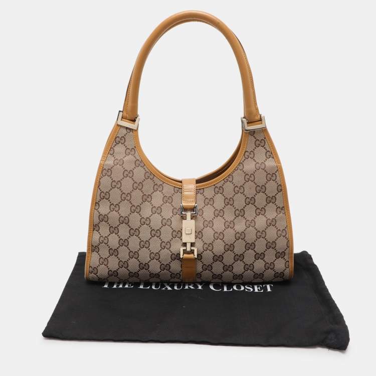 Pre Owned Gucci Beige/Tan GG Canvas and Leather Jackie Bardot Hobo