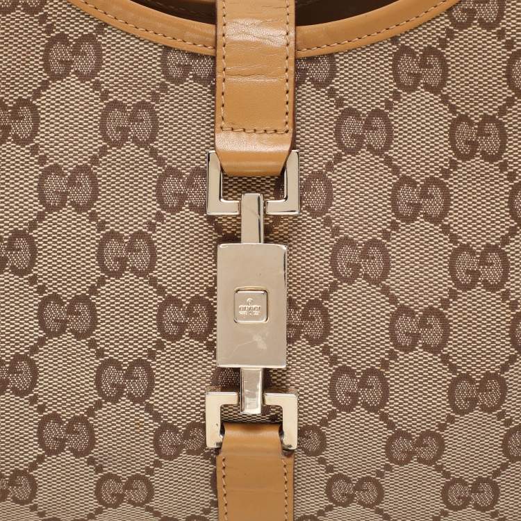 Pre Owned Gucci Beige/Tan GG Canvas and Leather Jackie Bardot Hobo