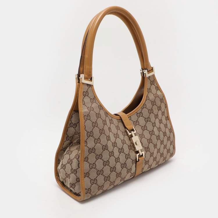 Pre Owned Gucci Beige/Tan GG Canvas and Leather Jackie Bardot Hobo