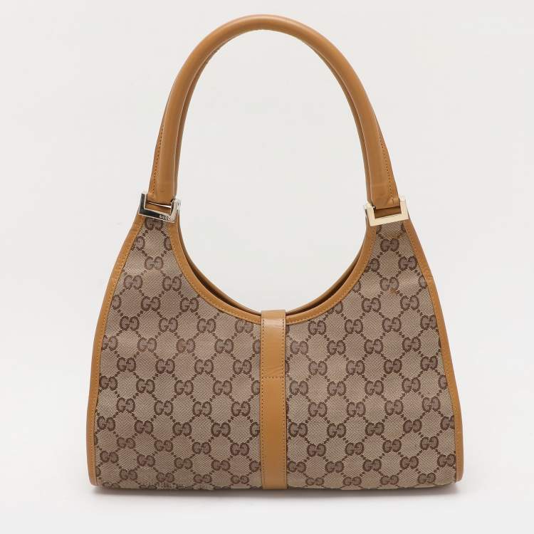 Pre Owned Gucci Beige/Tan GG Canvas and Leather Jackie Bardot Hobo